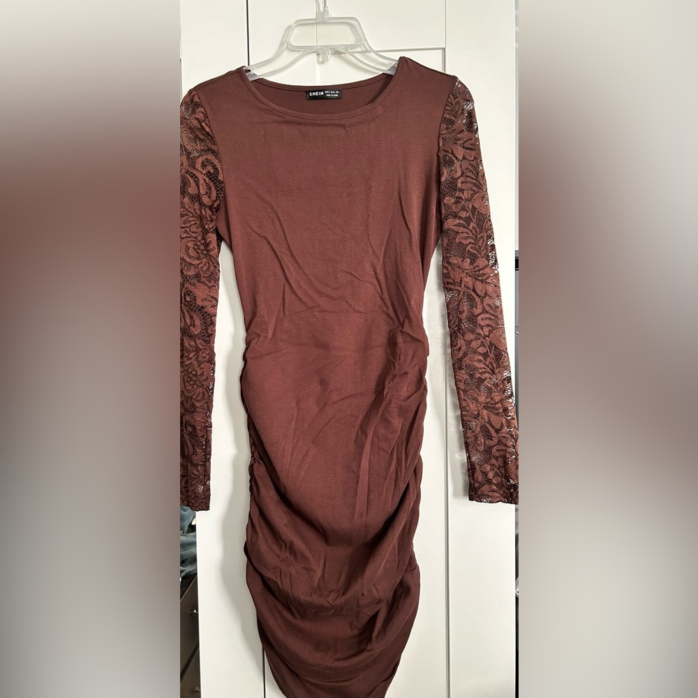 Brown Lace Sleeve Dress
